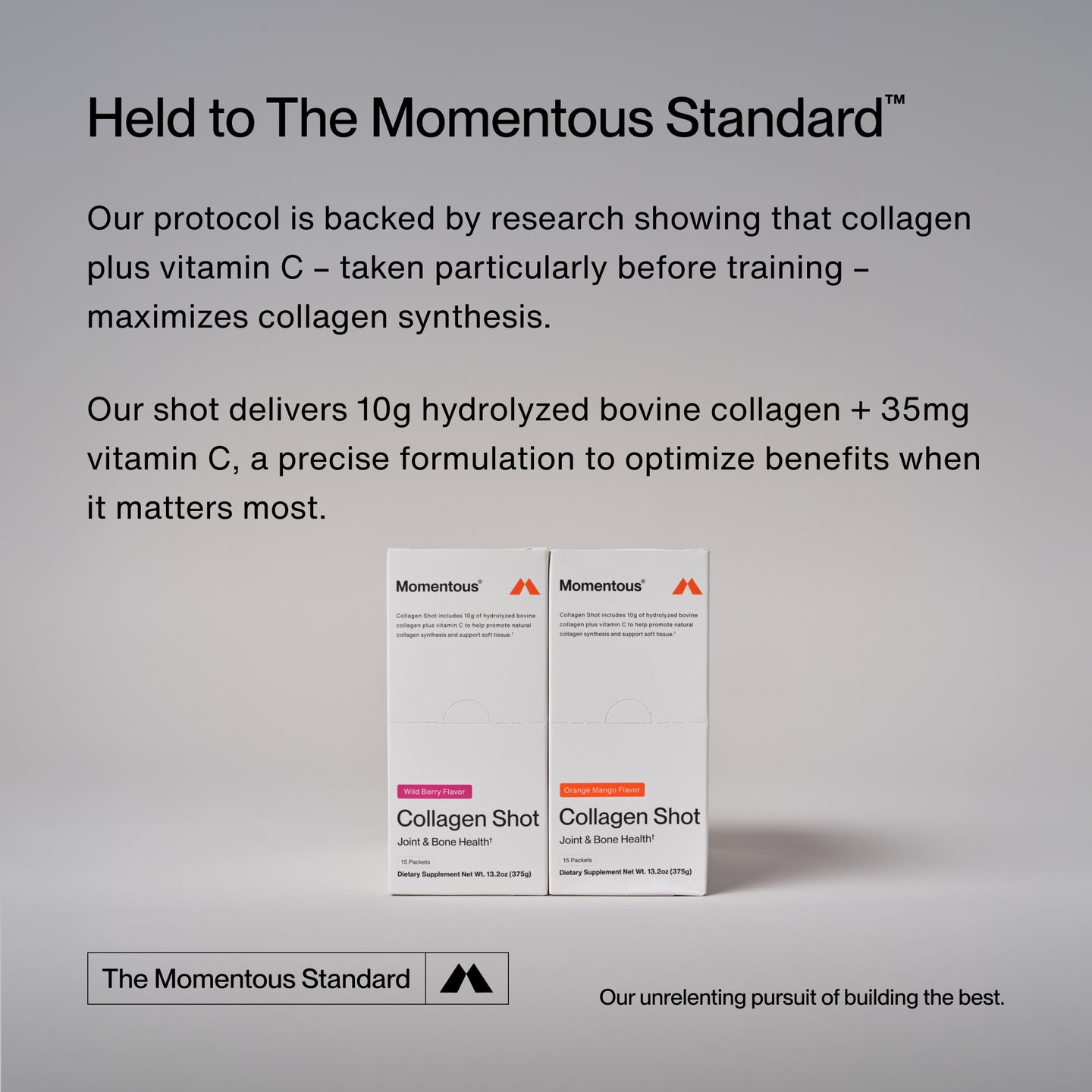 Marketing image showing Momentous Collagen Shot boxes in Wild Berry and Orange Mango flavors. Text reads: 'Held to The Momentous Standard. Our protocol is backed by research showing that collagen plus vitamin C – taken particularly before training – maximizes collagen synthesis. Our shot delivers 10g hydrolyzed bovine collagen + 35mg vitamin C, a precise formulation to optimize benefits when it matters most.'
