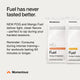 Promotional graphic with the headline 'Fuel has never tasted better.' Text describes NEW Passion Orange Guava (POG) and Mango Fuel as delivering light, clean flavors perfect for sipping during hard training sessions, with a reminder to consume during intense workouts lasting 60 minutes or longer. On the right, two white Momentous Fuel Energy & Hydration travel pack sachets are shown—one labeled Passion Orange Guava Flavor and the other Mango Flavor. Momentous logo displayed at the bottom left.