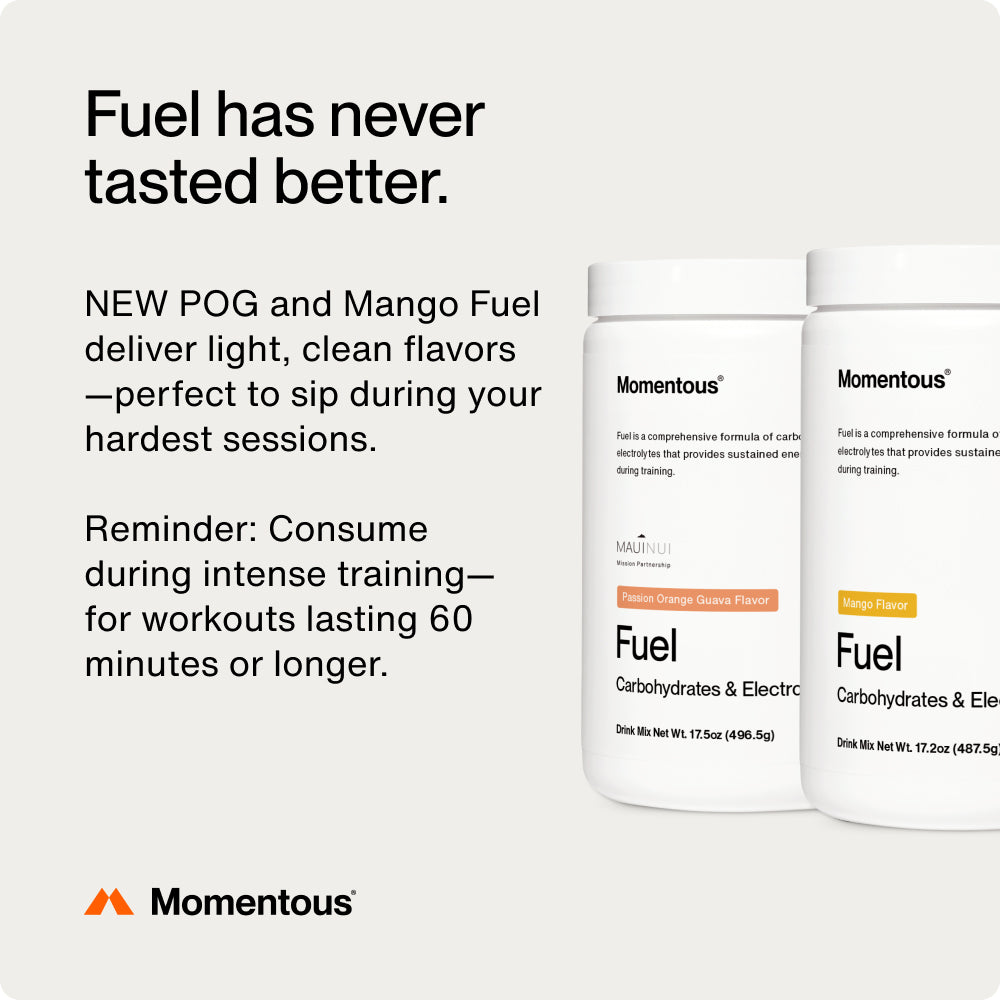Promotional graphic with text “Fuel has never tasted better.” Describes NEW Passion Orange Guava (POG) and Mango Fuel as light, clean flavors perfect to sip during hard training sessions. Reminder: Consume during intense training for workouts lasting 60 minutes or longer. On the right, two white containers of Momentous Fuel are shown—one labeled Passion Orange Guava Flavor and the other Mango Flavor.