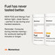 Promotional graphic with text “Fuel has never tasted better.” Describes NEW Passion Orange Guava (POG) and Mango Fuel as light, clean flavors perfect to sip during hard training sessions. Reminder: Consume during intense training for workouts lasting 60 minutes or longer. On the right, two white containers of Momentous Fuel are shown—one labeled Passion Orange Guava Flavor and the other Mango Flavor.
