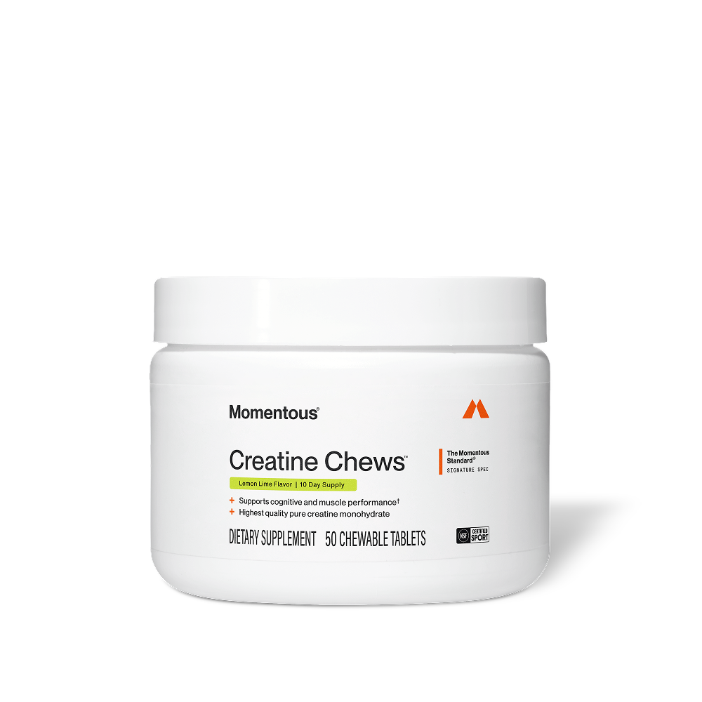 White jar of Momentous Creatine Chews, Lemon Lime Flavor, 10 Day Supply. The Momentous Standard Signature Spec. Key benefits: Supports cognitive and muscle performance, Highest quality pure creatine monohydrate. Dietary Supplement, 50 Chewable Tablets. NSF Certified for Sport.