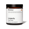 Momentous Longevity Cellular Health supplement jar with 90 capsules, white label and black lid, photographed against a plain background.