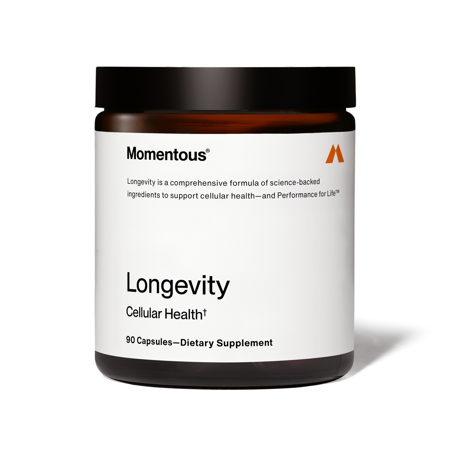 Momentous Longevity Cellular Health supplement jar with 90 capsules, white label and black lid, photographed against a plain background.