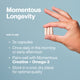 Hand holding three beige supplement capsules against a blue background, with overlay text explaining how to use Momentous Longevity: take 3 capsules once daily in the morning or early afternoon, pairs well with Creatine and Omega-3, and store in a cool, dry place.