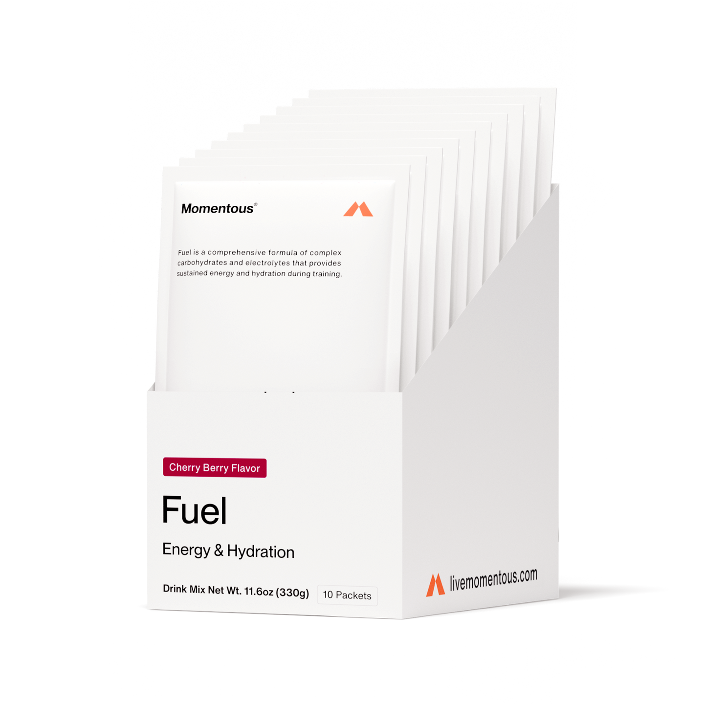 White plastic container labeled “Momentous Fuel – Carbohydrates & Electrolytes” in Cherry Berry flavor. Text states that Fuel is a comprehensive formula of carbohydrates and electrolytes that provides sustained energy and hydration during training. Net weight: 11.6 oz (330 g).