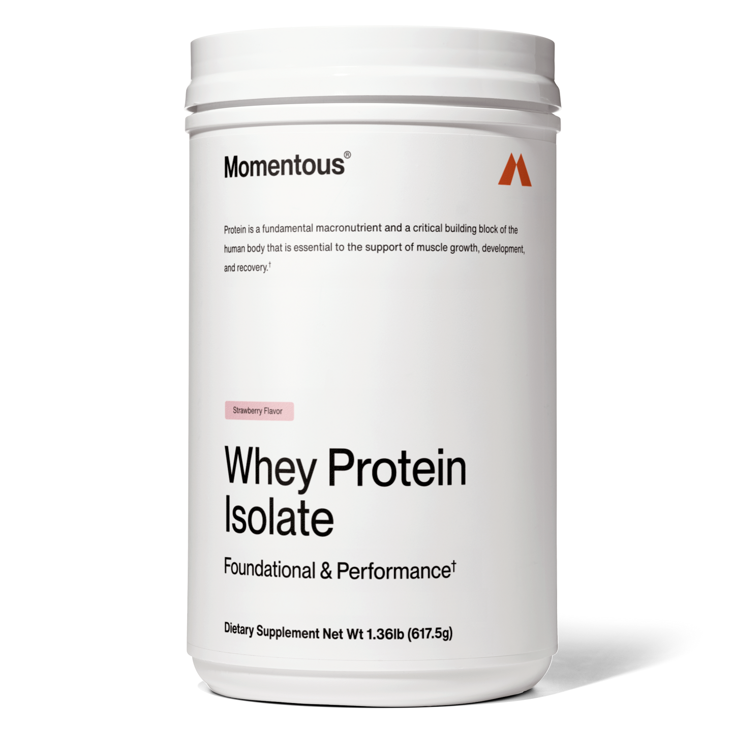 Momentous Whey Protein Isolate Strawberry Flavor – premium grass-fed whey protein powder for muscle growth, recovery, and performance.