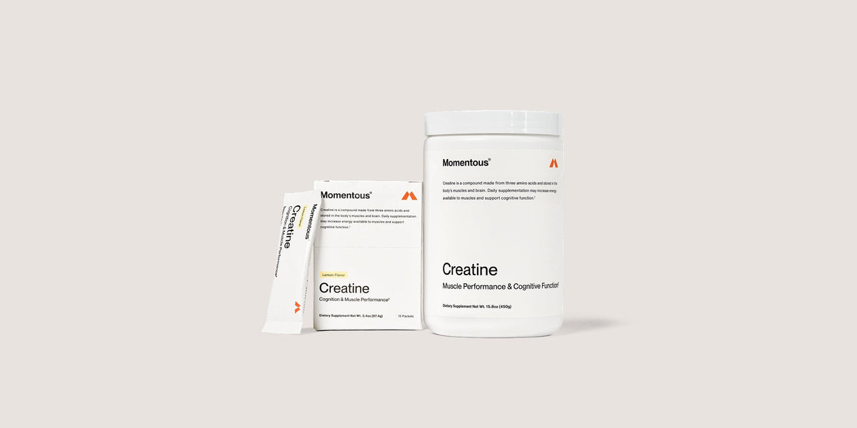 a tub of Momentous creatine as well as some flavored creatine travel packs