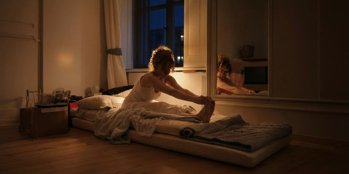 A woman is in bed gently stretching