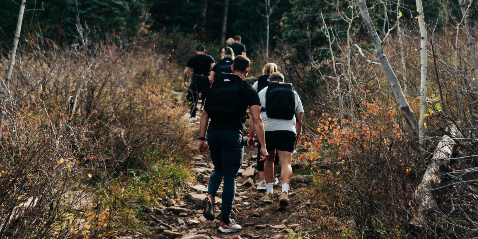 A group of people hike up a trail