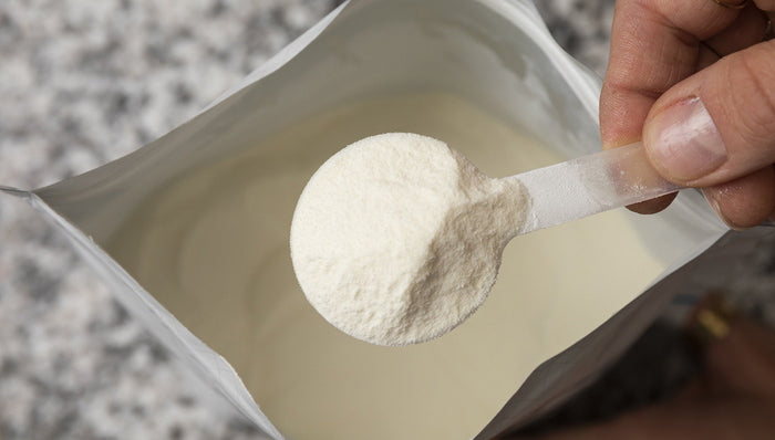 An athlete scoops some collagen peptides powder into their shaker