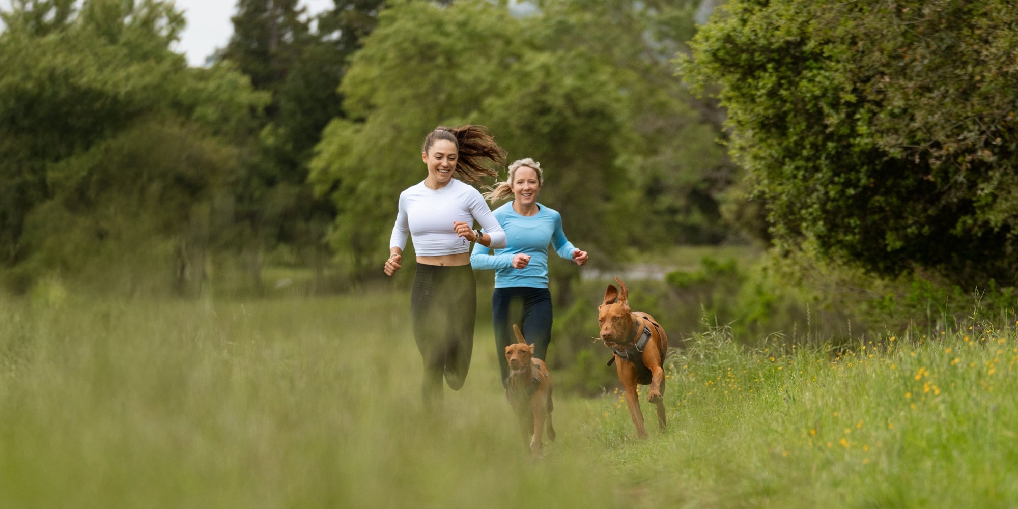 two women run in a field with their two dogs
