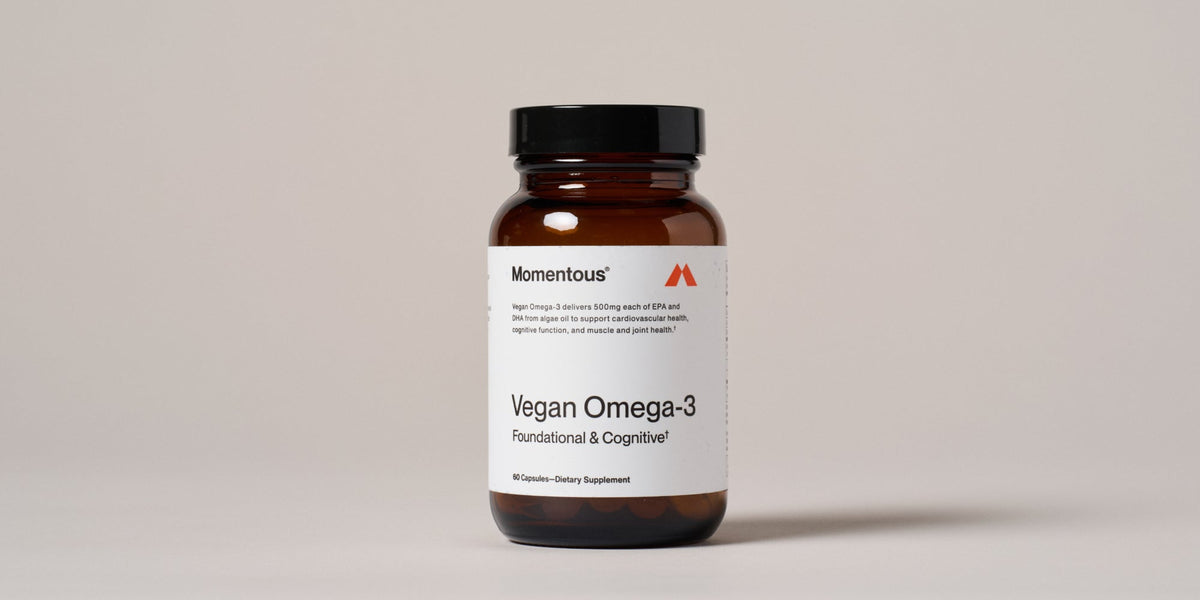 A bottle of Momentous Vegan Omega-3 capsules