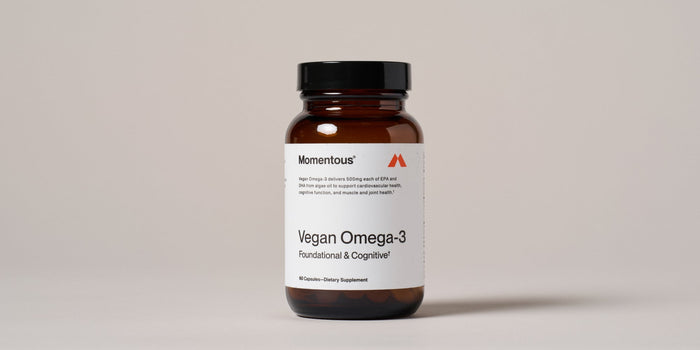 A bottle of Momentous Vegan Omega-3 capsules