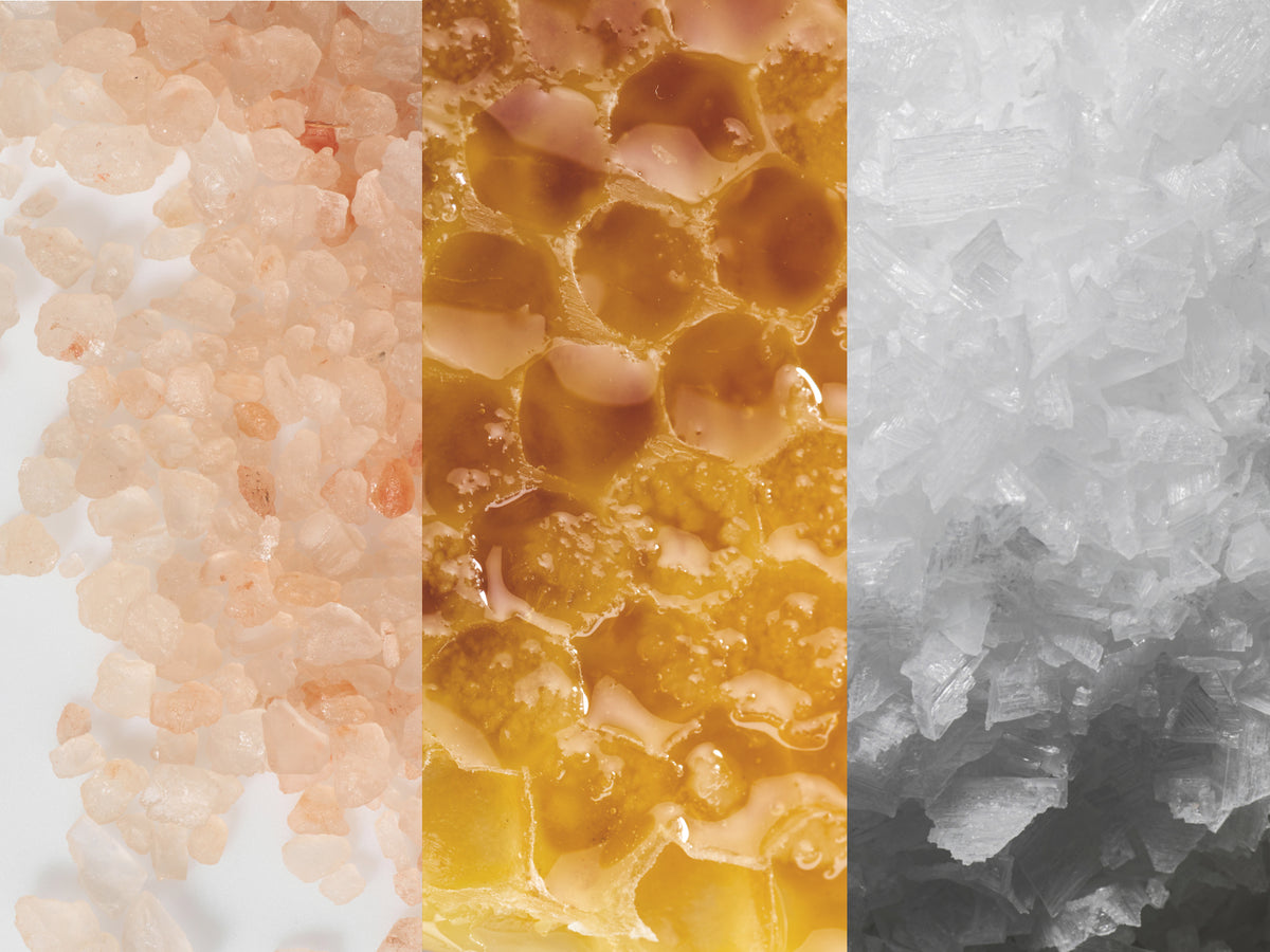 Three-panel macro texture image of pink Himalayan salt crystals, honey in a honeycomb, and white crystalline salt. (117 chars)