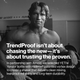 Black-and-white photo of Arnold Schwarzenegger in a gym setting, shown from the waist up with a muscular build and focused expression. Large white overlay text reads: “TrendProof isn’t about chasing the new—it’s about trusting the proven.” Smaller text below reads: “In partnership with Arnold, we selected YETI’s Yonder bottle with Helimix® patented vortex design to create a shaker that delivers clean mixing, leakproof reliability, and long-term durability.”