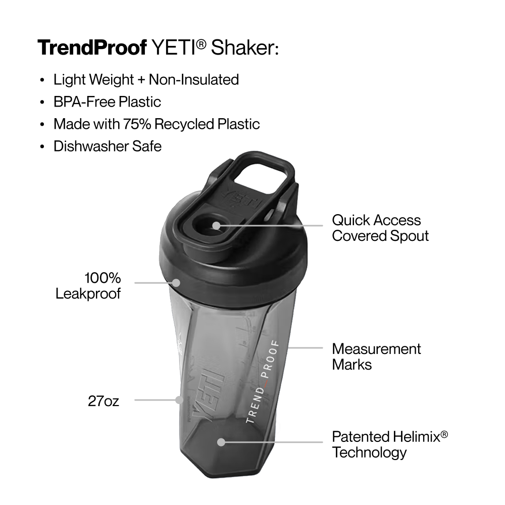 Product image of a TrendProof YETI® Shaker with text: “TrendProof YETI® Shaker: Light Weight + Non-Insulated; BPA-Free Plastic; Made with 75% Recycled Plastic; Dishwasher Safe.” Callouts label 100% Leakproof lid, Quick Access Covered Spout, 27oz capacity, Measurement Marks, and Patented Helimix® Technology.