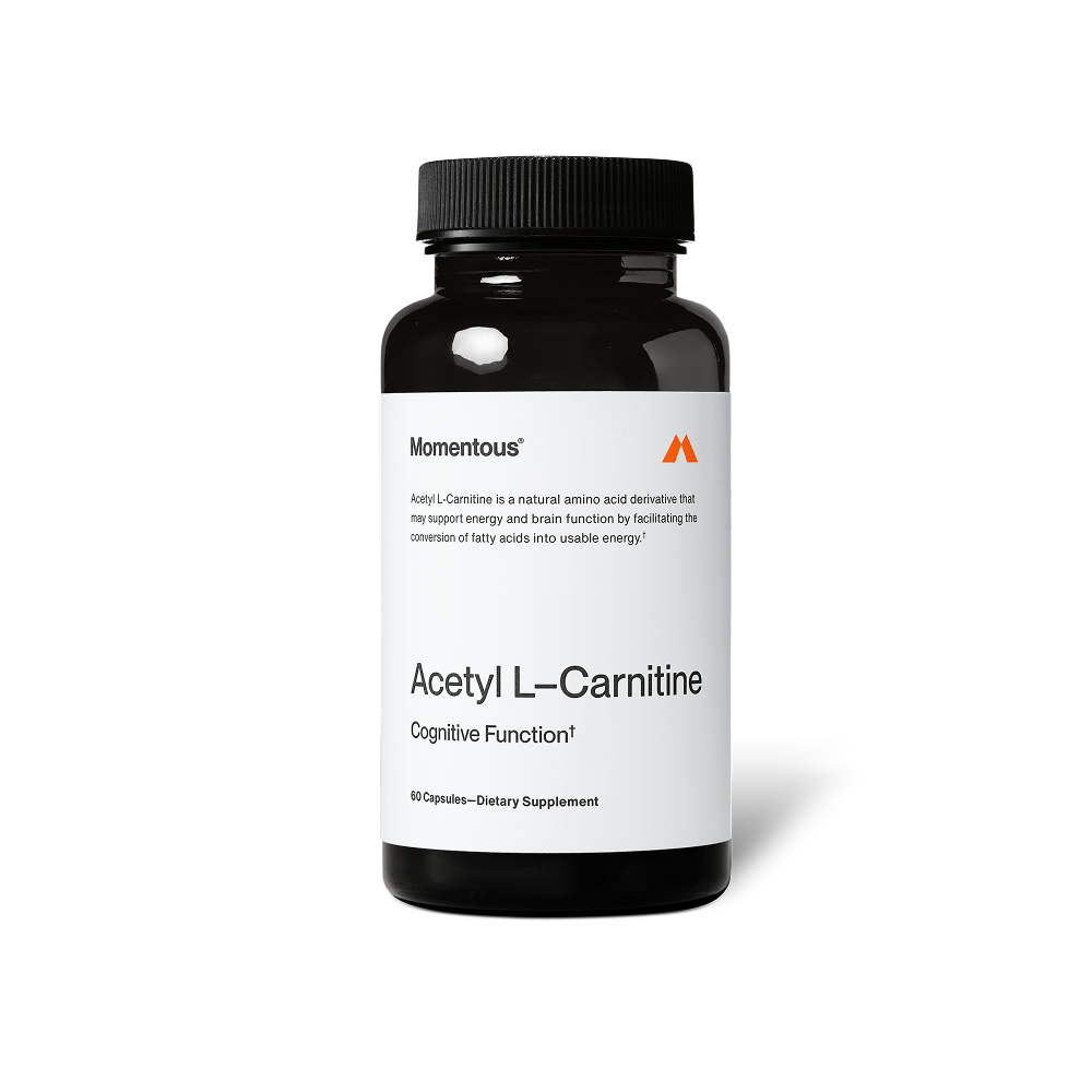 “Momentous Acetyl L-Carnitine bottle labeled ‘Acetyl L-Carnitine Cognitive Function’ with text describing it as a natural amino acid derivative that may support energy and brain function.”
