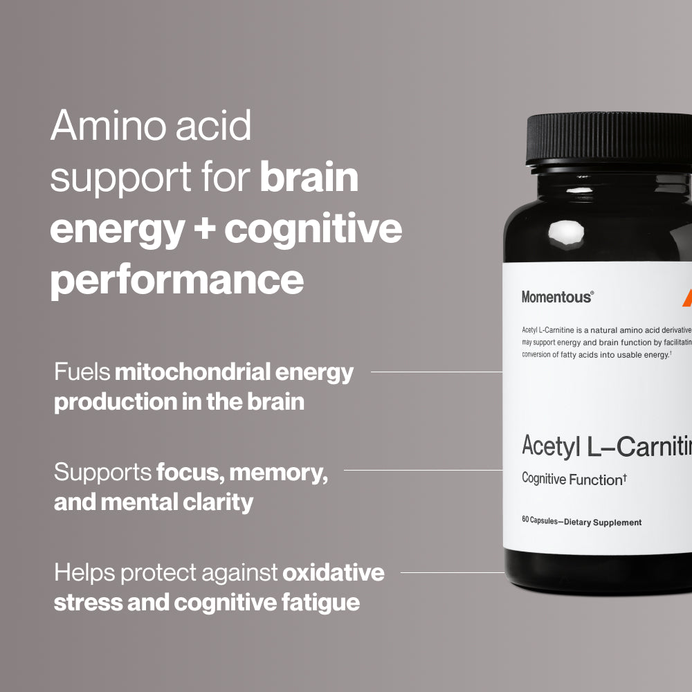 “Momentous Acetyl L-Carnitine bottle with text: ‘Amino acid support for brain energy + cognitive performance. Fuels mitochondrial energy production in the brain. Supports focus, memory, and mental clarity. Helps protect against oxidative stress and cognitive fatigue.’”