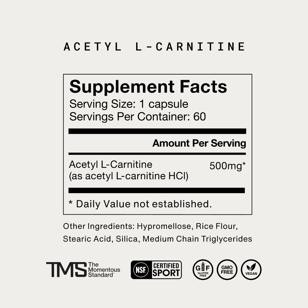 “Supplement facts label for Acetyl L-Carnitine showing serving size 1 capsule, 60 servings per container, and 500 mg of Acetyl L-Carnitine (as acetyl L-carnitine HCl) per serving. Other ingredients include hypromellose, rice flour, stearic acid, silica, and medium chain triglycerides. Includes certifications: NSF Certified Sport, gluten free, GMO free, and vegan.”