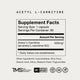 “Supplement facts label for Acetyl L-Carnitine showing serving size 1 capsule, 60 servings per container, and 500 mg of Acetyl L-Carnitine (as acetyl L-carnitine HCl) per serving. Other ingredients include hypromellose, rice flour, stearic acid, silica, and medium chain triglycerides. Includes certifications: NSF Certified Sport, gluten free, GMO free, and vegan.”