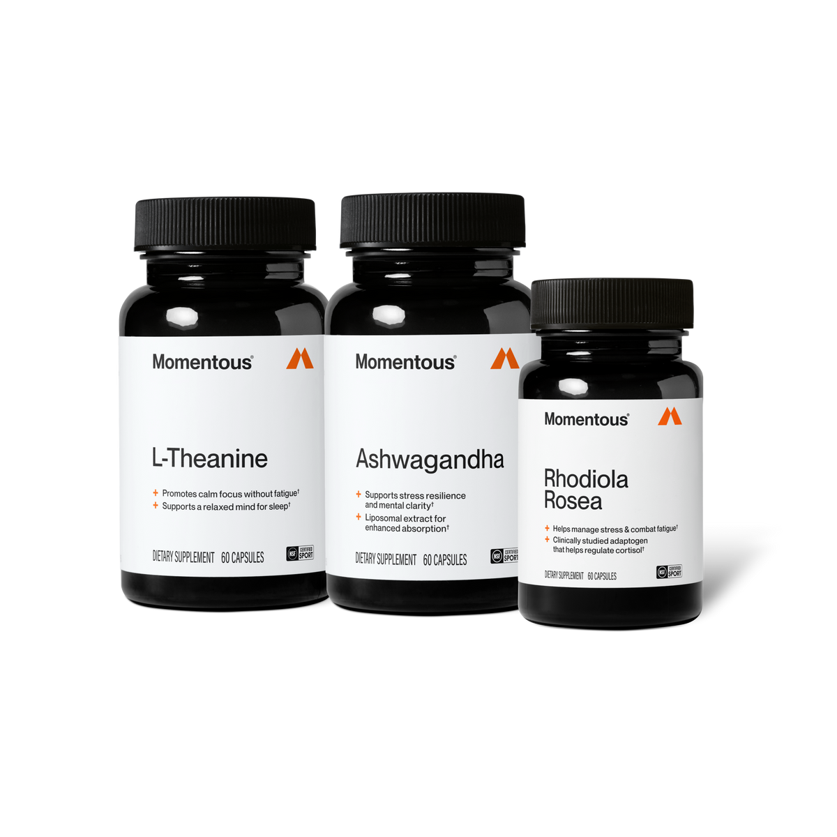 Momentous L-Theanine, 60 capsules, promotes calm focus without fatigue and supports a relaxed mind for sleep, beside Ashwagandha, 60 capsules, supports stress resilience and mental clarity with a liposomal extract for enhanced absorption, and Rhodiola Rosea, 60 capsules, helps manage stress and combat fatigue, a clinically studied adaptogen that helps regulate cortisol, all three NSF Certified Sport. (403 chars)