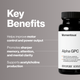 Black bottle of Momentous Alpha GPC dietary supplement with white label showing key benefits and 60 capsules.