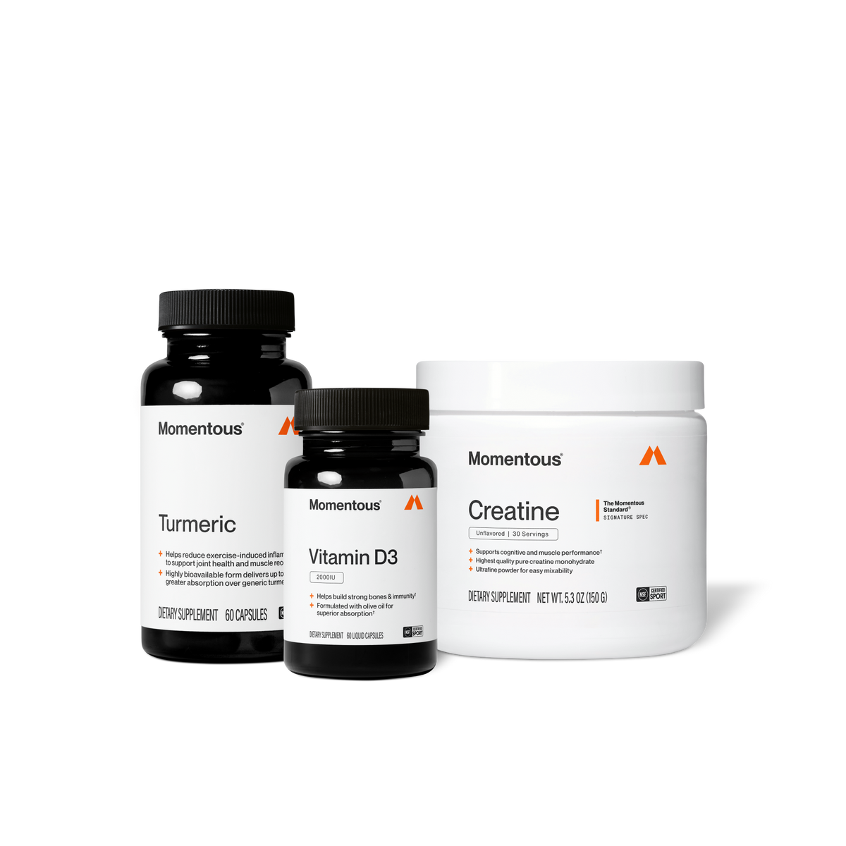 Momentous Turmeric, 60 capsules, helps reduce exercise-induced inflammation to support joint health and muscle recovery in a highly bioavailable form, beside Vitamin D3 2000IU, 60 liquid capsules, helps build strong bones and immunity, formulated with olive oil for superior absorption, and Creatine unflavored 30 servings 5.3 oz 150g, supports cognitive and muscle performance, pure creatine monohydrate in an ultrafine powder, all three NSF Certified Sport. (459 chars)