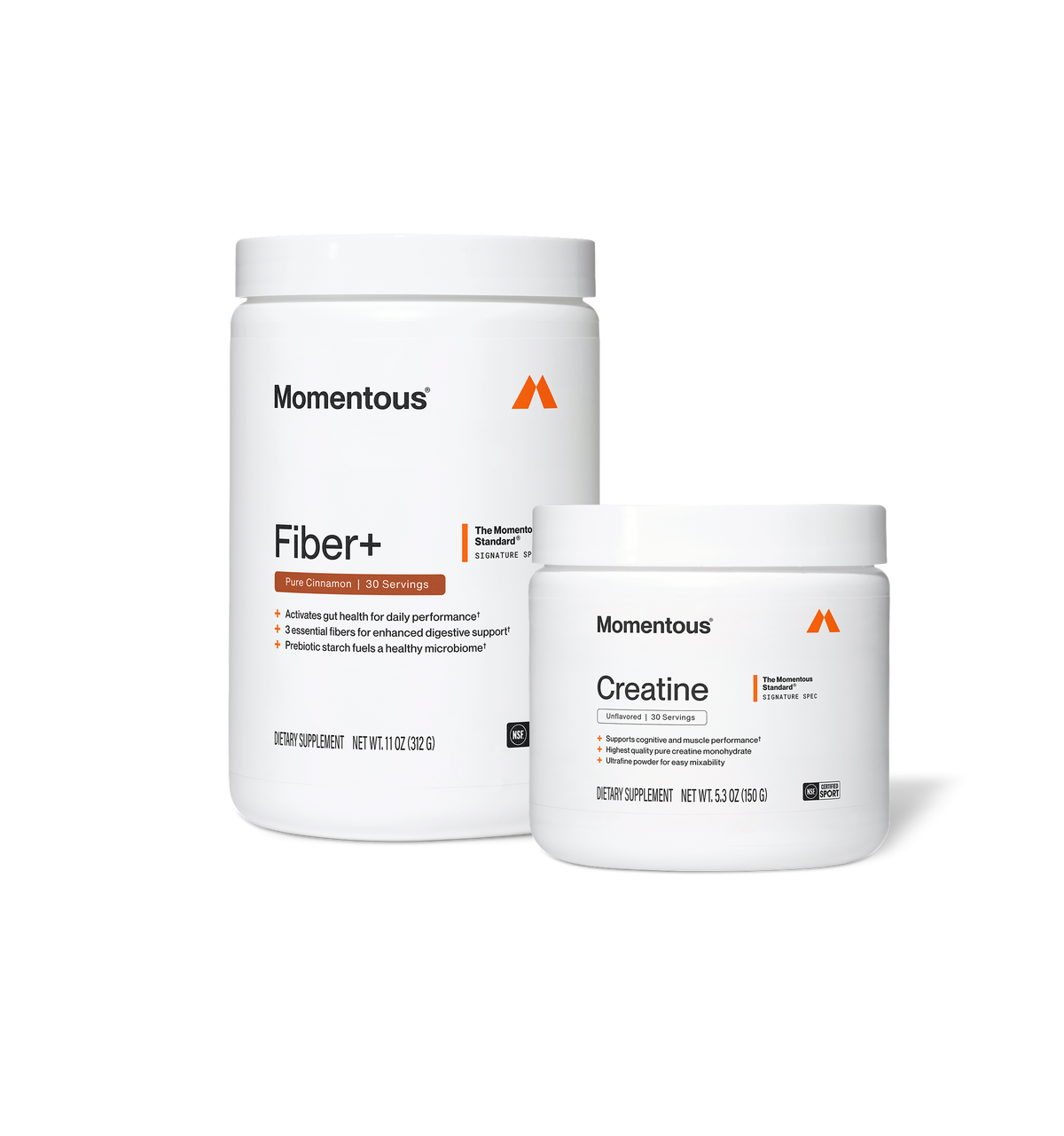 Momentous Fiber+, Pure Cinnamon, 30 servings, net wt 11 oz 312g, activates gut health for daily performance with 3 essential fibers for enhanced digestive support and prebiotic starch that fuels a healthy microbiome, beside Creatine unflavored 30 servings 5.3 oz 150g, supports cognitive and muscle performance, highest quality pure creatine monohydrate, ultrafine powder for easy mixability, The Momentous Standard Signature Spec, NSF Certified Sport. (452 chars)
