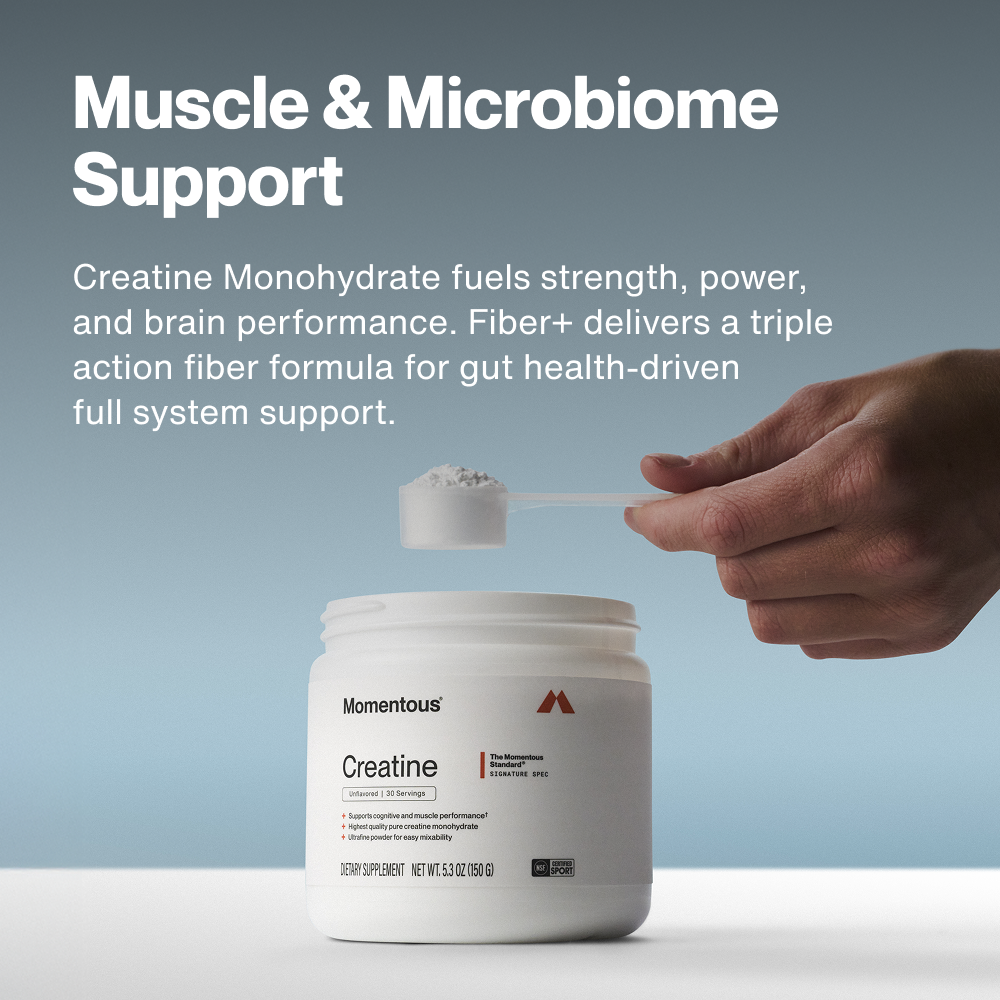 Muscle & Microbiome Support. Creatine Monohydrate fuels strength, power, and brain performance. Fiber+ delivers a triple action fiber formula for gut health-driven full system support. Hand holding a scoop over Momentous Creatine – Signature Spec, Unflavored, 30 Servings, 5.3oz (150g), NSF Certified for Sport.