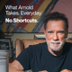 Arnold Schwarzenegger seated indoors with a Momentous product visible beside him. Text reads: What Arnold Takes. Everyday. No Shortcuts.