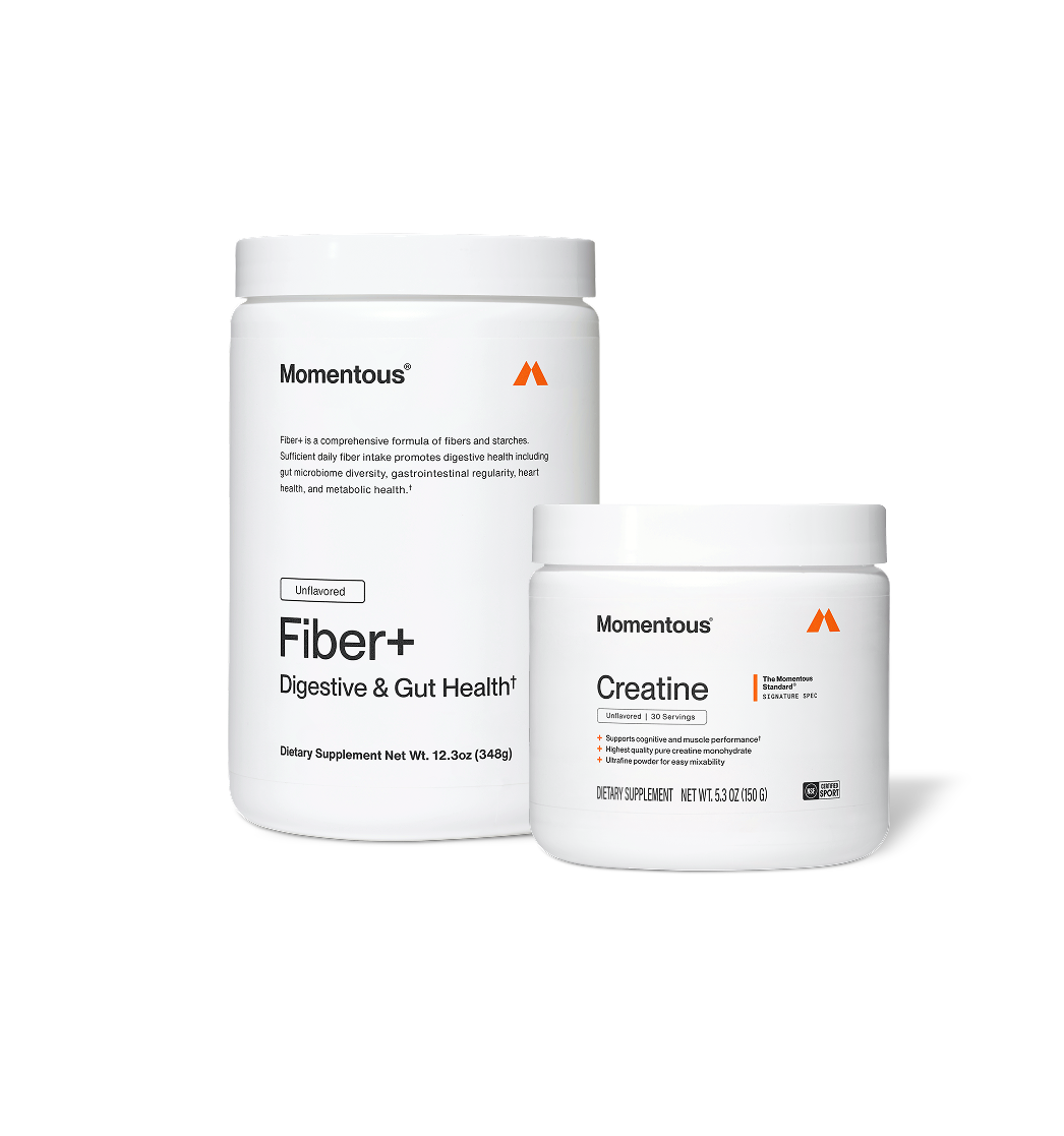 Two Momentous products on black background: Fiber+ – Unflavored, Digestive & Gut Health, 12.3oz (348g); Creatine – Signature Spec, Unflavored, 30 Servings, Supports cognitive and muscle performance, 5.3oz (150g), NSF Certified for Sport.