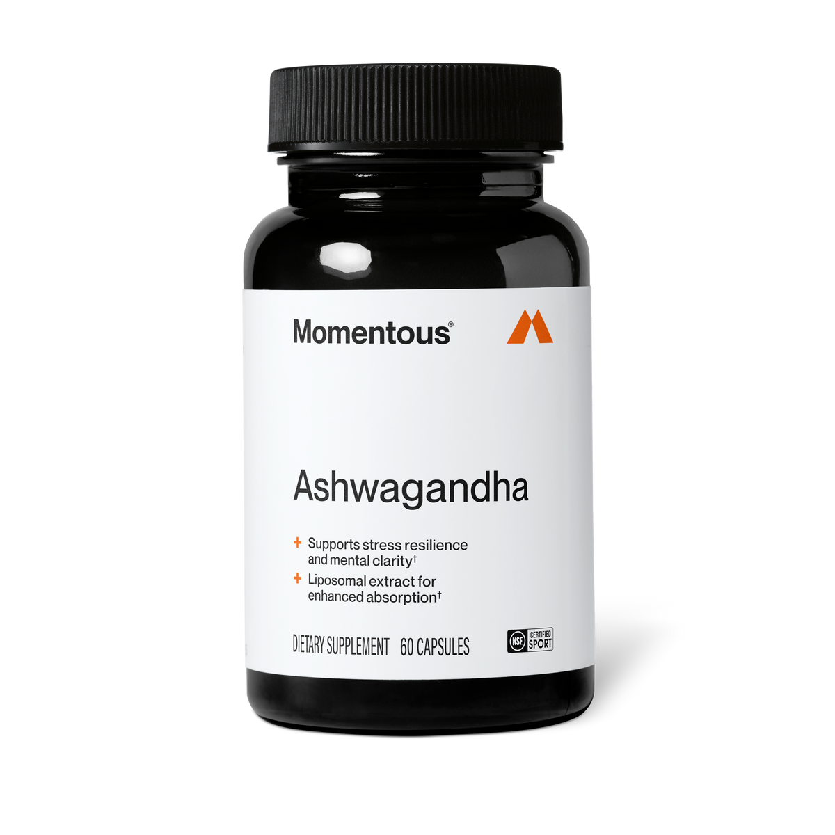 Black bottle of Momentous Ashwagandha dietary supplement, 60 capsules, NSF Certified for Sport, on a black background