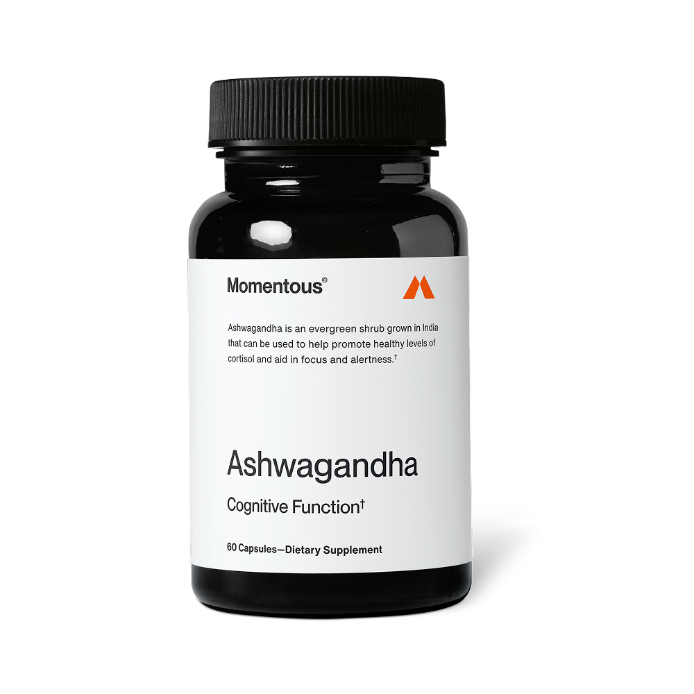 “Momentous Ashwagandha bottle labeled ‘Ashwagandha Cognitive Function’ with text: ‘Ashwagandha is an evergreen shrub grown in India that can be used to help promote healthy levels of cortisol and aid in focus and alertness.’ 60 capsules dietary supplement.”