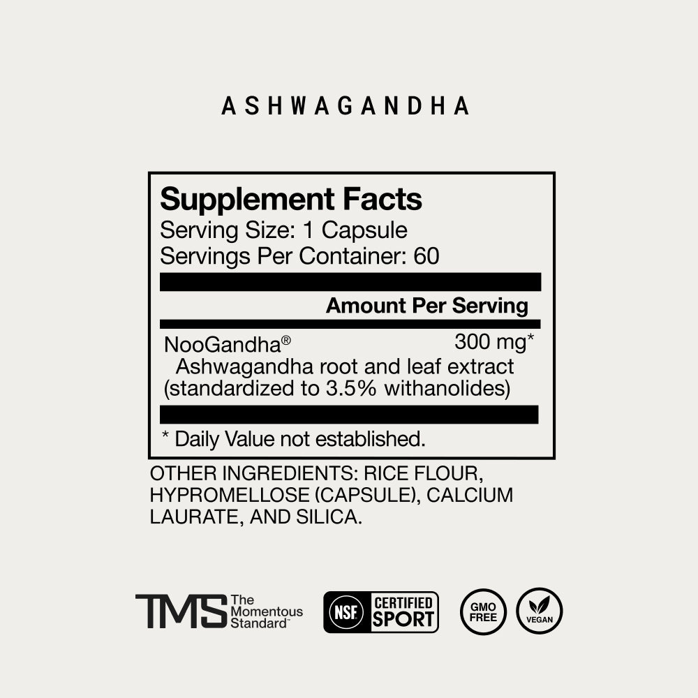 Ashwagandha. Supplement Facts. Serving Size: 1 Capsule. Servings Per Container: 60. Amount Per Serving: NooGandha 300 mg. Ashwagandha root and leaf extract (standardized to 3.5% withanolides). Daily Value not established. Other ingredients: rice flour, hypromellose (capsule), calcium laurate, silica. TMS The Momentous Standard. NSF Certified for Sport. GMO Free. Vegan.