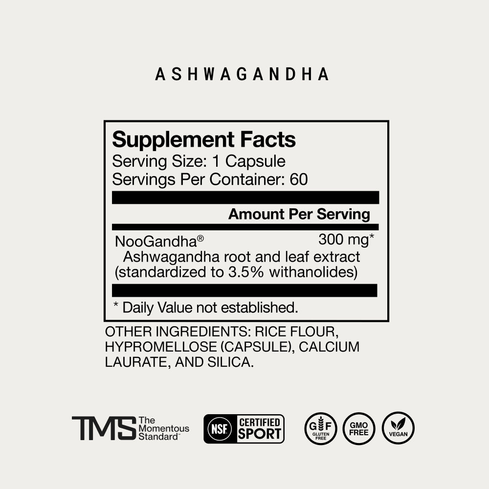 Ashwagandha. Supplement Facts. Serving Size: 1 Capsule. Servings Per Container: 60. Amount Per Serving: NooGandha 300 mg. Ashwagandha root and leaf extract (standardized to 3.5% withanolides). Daily Value not established. Other ingredients: rice flour, hypromellose (capsule), calcium laurate, silica. TMS The Momentous Standard. NSF Certified for Sport. Gluten Free. GMO Free. Vegan.