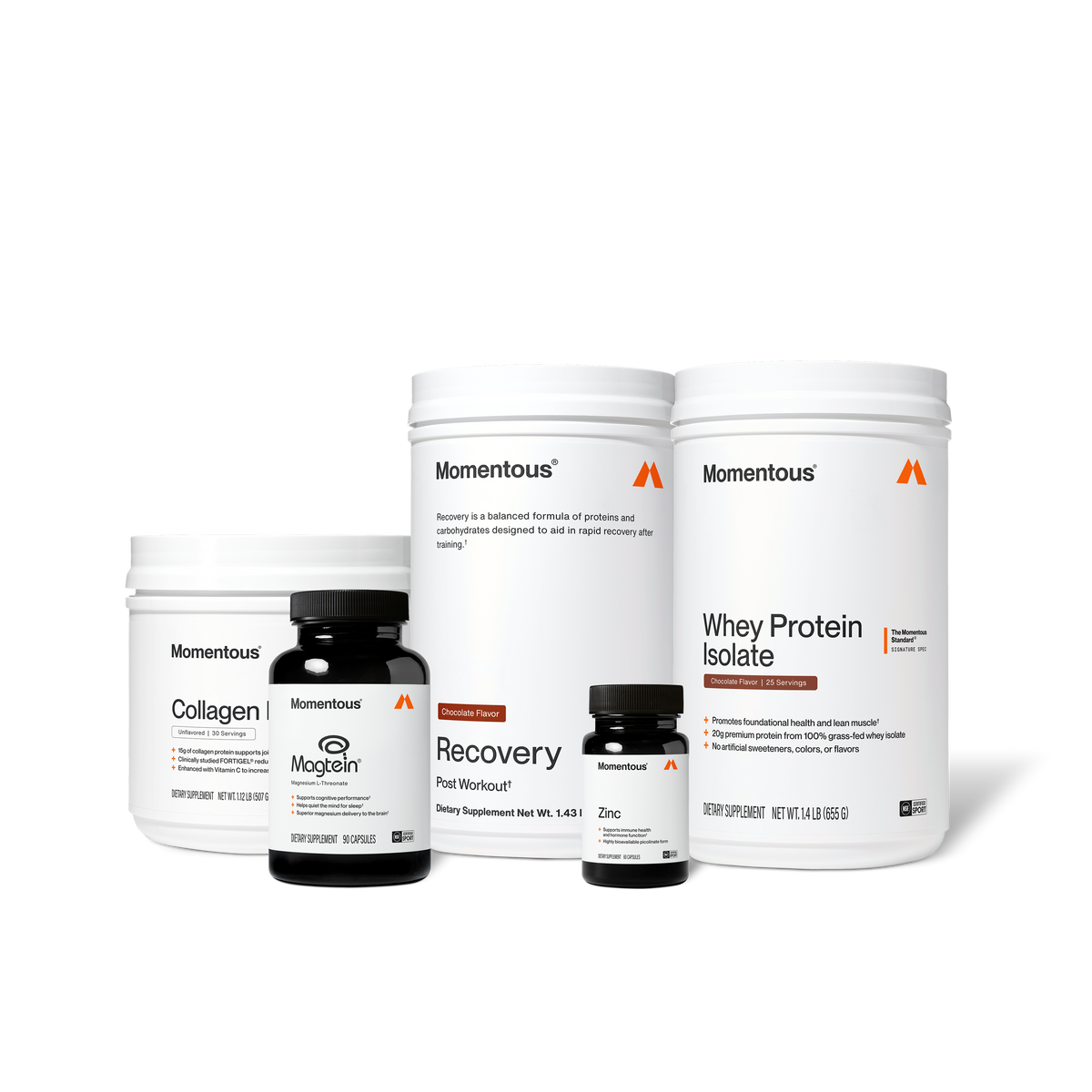 Five Momentous supplement bottles displayed: collagen powder, magnesium capsules, recovery powder, whey protein isolate, and