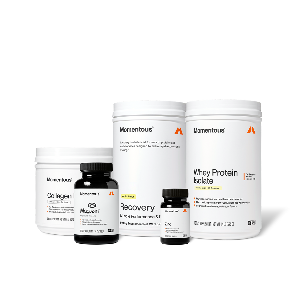Five Momentous supplement products arranged together: Collagen powder, Magnesium capsules, Recovery formula, Whey Protein Iso