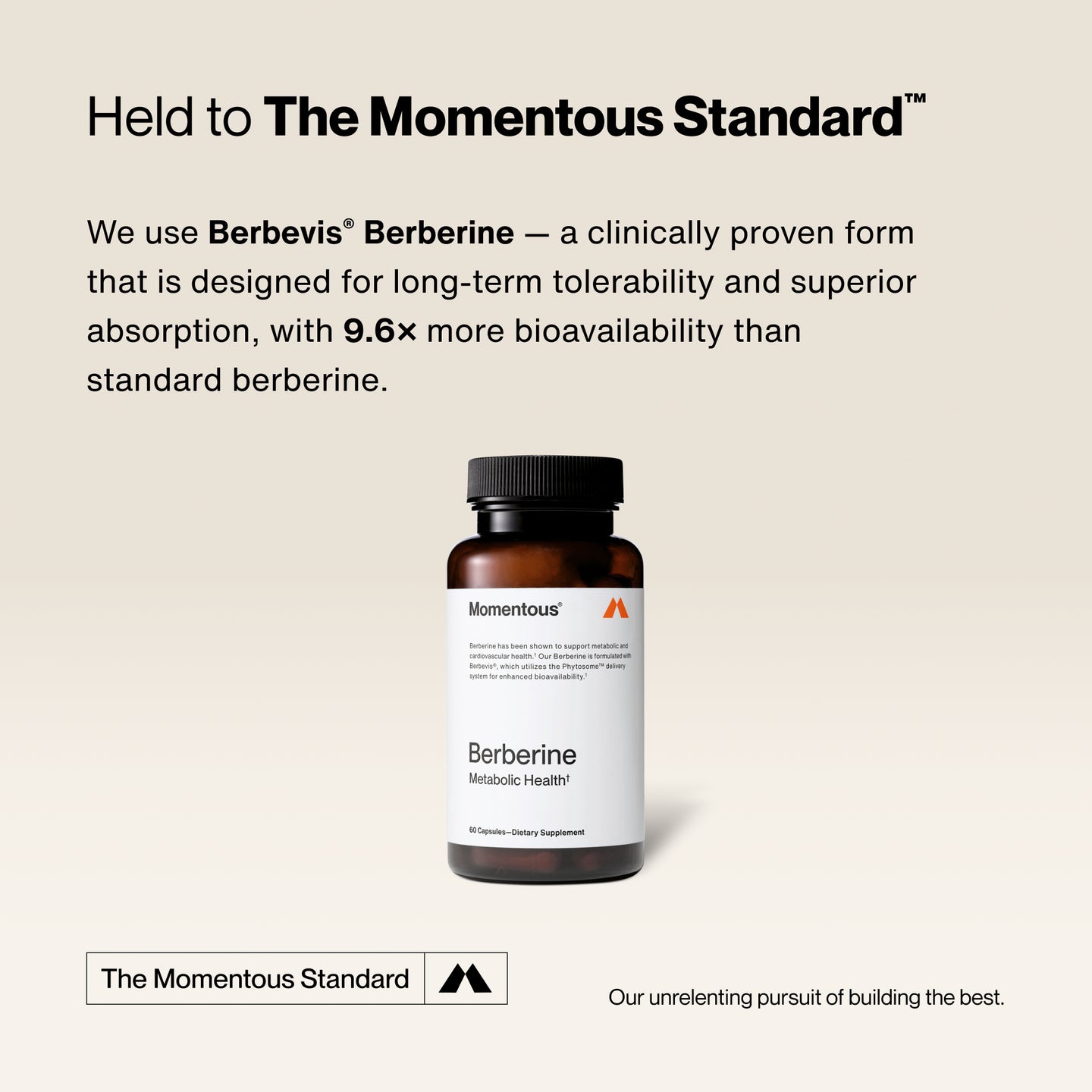Momentous Berberine bottle on beige background with text highlighting Berbevis Berberine and superior 9.6× absorption.