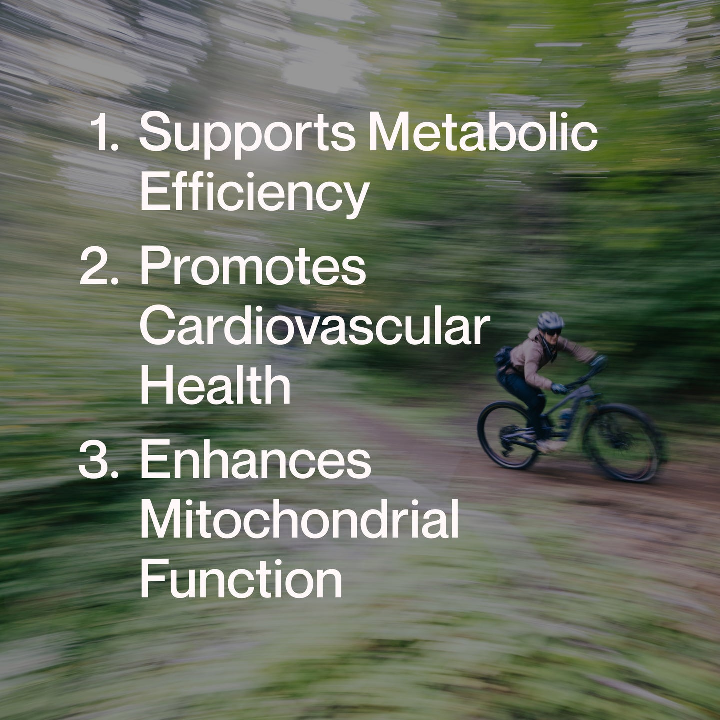 Momentous Berberine benefits list over blurred cycling background — supports metabolism, cardiovascular health, and mitochondria.