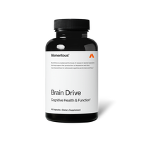 A black bottle of Momentous Brain Drive dietary supplement is shown centered on a black background with a white label. Text on the label reads: “Momentous®” “Brain Drive is a balanced formula of research-backed ingredients that may support the production of dopamine and other neurotransmitters for enhanced cognitive performance and focus.†” “Brain Drive” “Cognitive Health & Function†” “60 Capsules—Dietary Supplement”