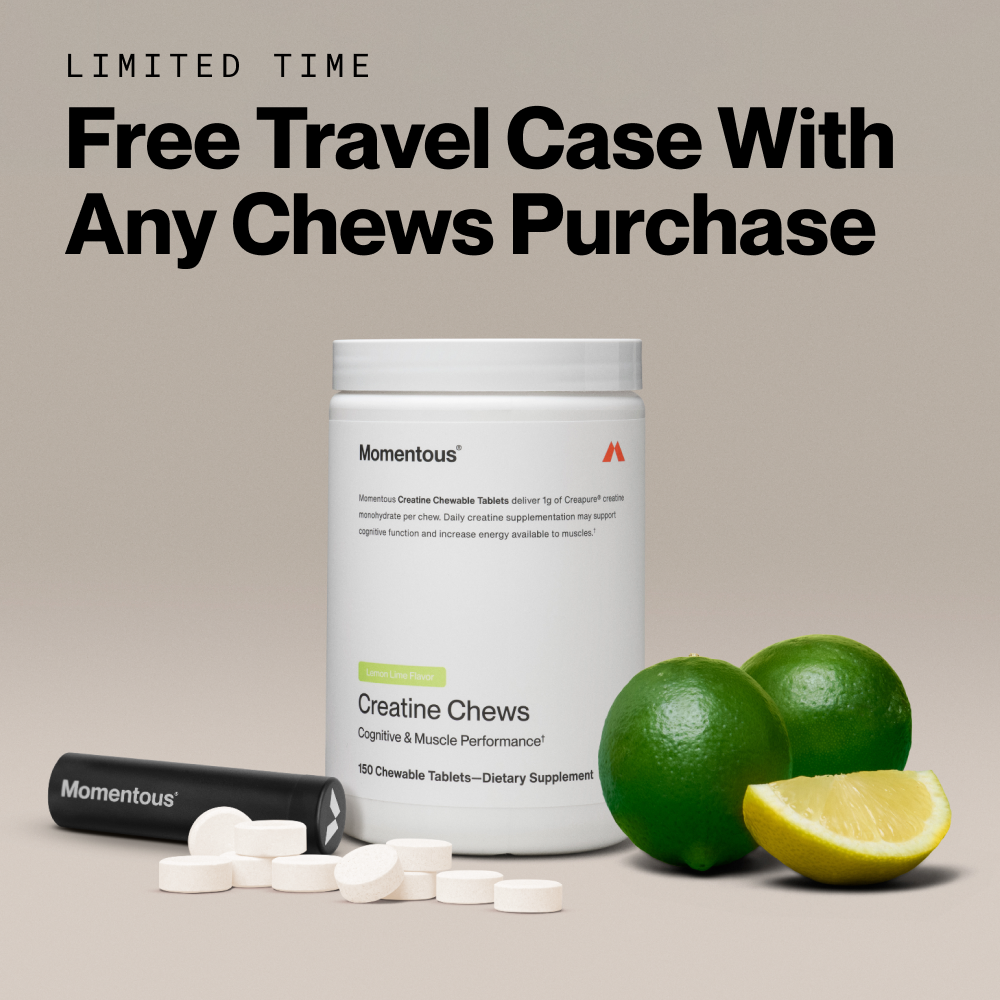 Text reads “LIMITED TIME Free Travel Case With Any Chews Purchase.” Below, a Momentous Creatine Chews jar (Lemon Lime flavor) sits with a black travel case and white chew tablets, alongside whole and sliced limes on a neutral background. Label reads “Creatine Chews – Cognitive & Muscle Performance.” Image highlights promotion and product with included portable case.
