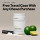 Text reads “LIMITED TIME Free Travel Case With Any Chews Purchase.” Below, a Momentous Creatine Chews jar (Lemon Lime flavor) sits with a black travel case and white chew tablets, alongside whole and sliced limes on a neutral background. Label reads “Creatine Chews – Cognitive & Muscle Performance.” Image highlights promotion and product with included portable case.