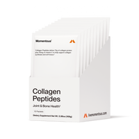 “Momentous Collagen Peptides travel packets displayed in an open box with text: ‘Collagen Peptides Joint & Bone Health. 10 packets. Collagen Peptides deliver 15g of collagen protein plus 50mg of vitamin C to help support collagen synthesis and soft tissue.’ Dietary supplement net weight 5.96 oz (169 g), livemomentous.com.”