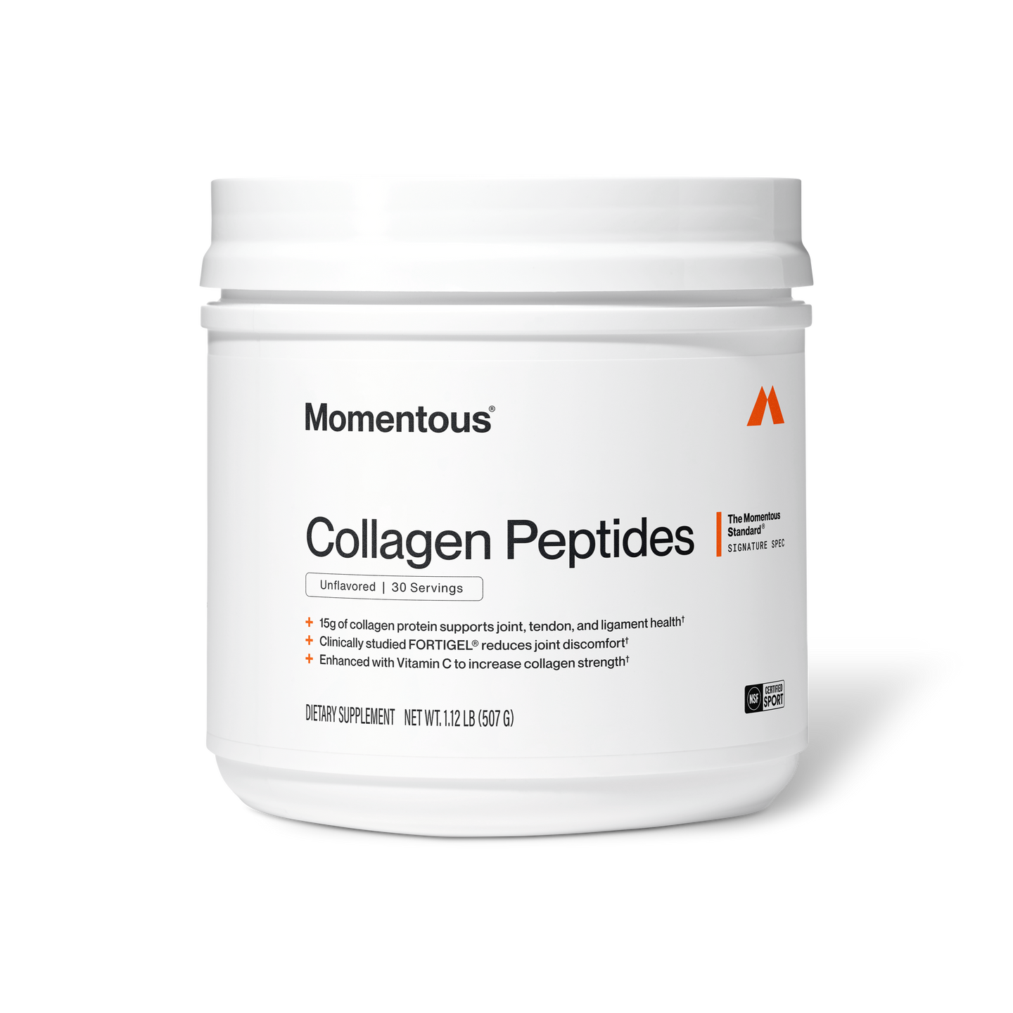 Product photo of a white Momentous Collagen Peptides tub on a black background. Label: Momentous, Collagen Peptides, Unflavored, 30 Servings, 15g of collagen protein supports joint, tendon, and ligament health, Clinically studied FORTIGEL reduces joint discomfort, Enhanced with Vitamin C to increase collagen strength, Dietary Supplement, Net Wt. 1.12 LB (507 G), with NSF Certified Sport badge and The Momentous Standard Signature Spec mark.