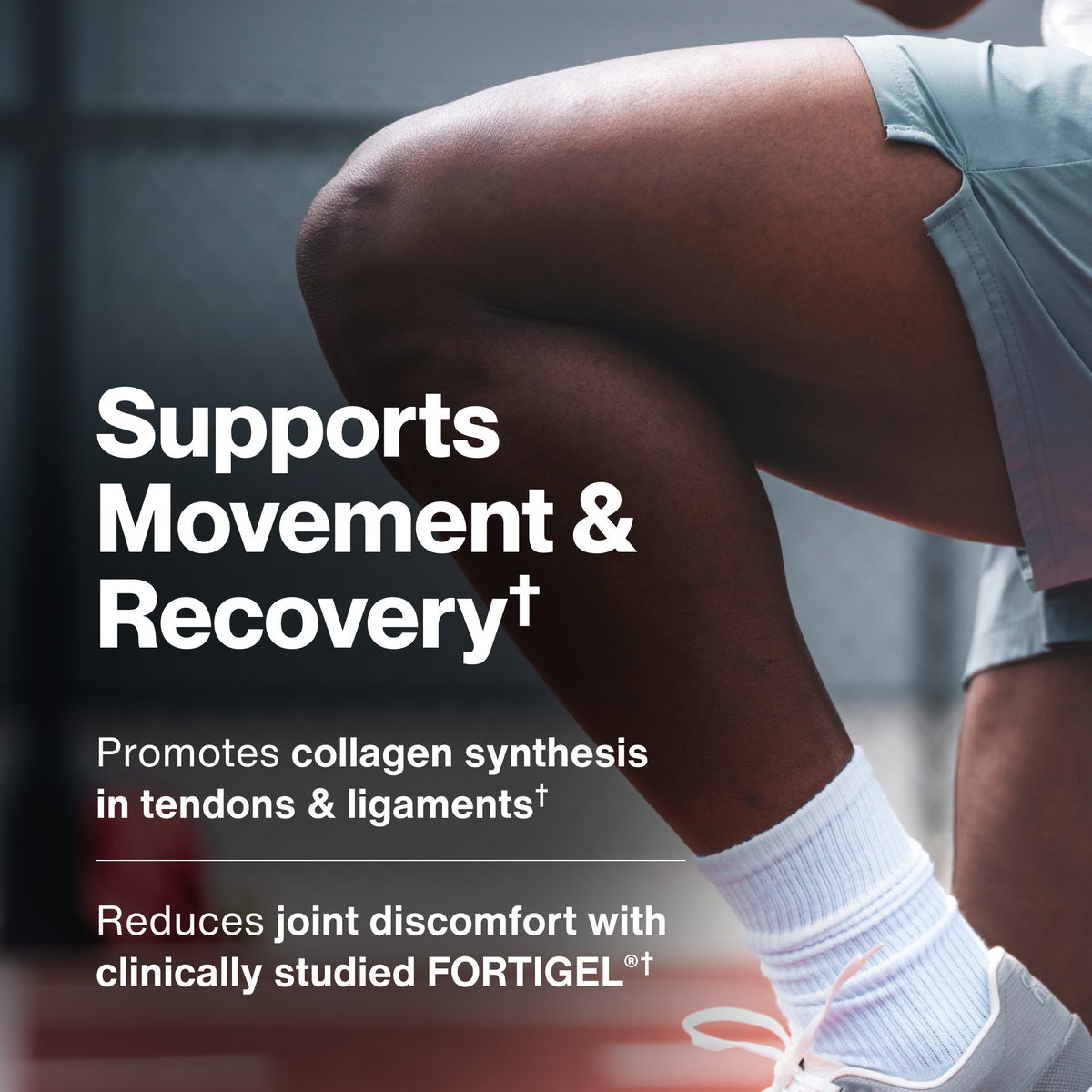 Momentous Collagen Peptides, Supports Movement & Recovery: promotes collagen synthesis in tendons and ligaments, reduces joint discomfort with clinically studied FORTIGEL, over a close-up of an athlete crouching on an indoor court in light blue shorts, white crew socks, and sneakers. (284 chars)