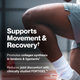 Momentous Collagen Peptides, Supports Movement & Recovery: promotes collagen synthesis in tendons and ligaments, reduces joint discomfort with clinically studied FORTIGEL, over a close-up of an athlete crouching on an indoor court in light blue shorts, white crew socks, and sneakers. (284 chars)