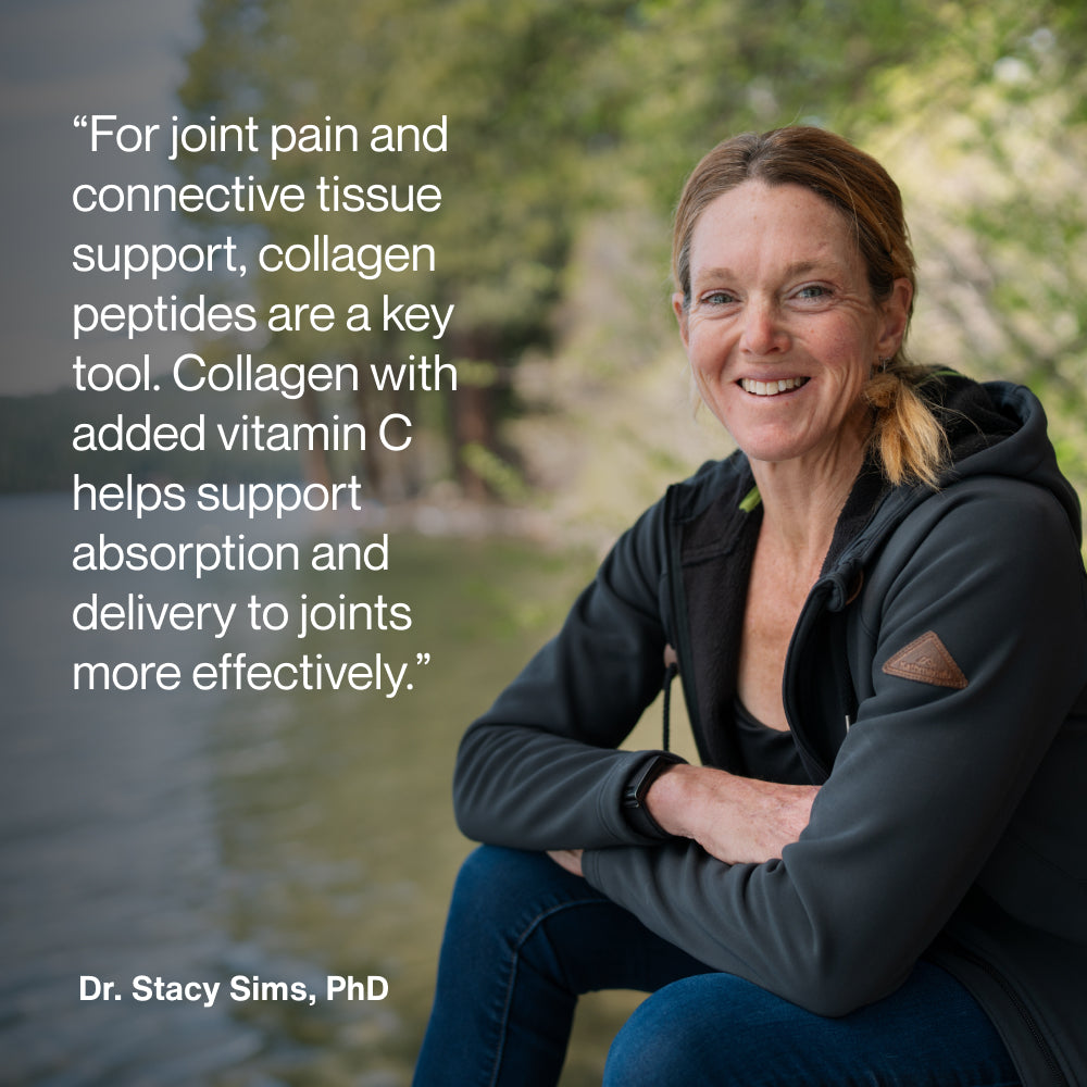 Dr. Stacy Sims sitting outdoors near water wearing a jacket. Overlaid text reads: “For joint pain and connective tissue support, collagen peptides are a key tool. Collagen with added vitamin C helps support absorption and delivery to joints more effectively.” Attribution reads: “Dr. Stacy Sims, PhD”.