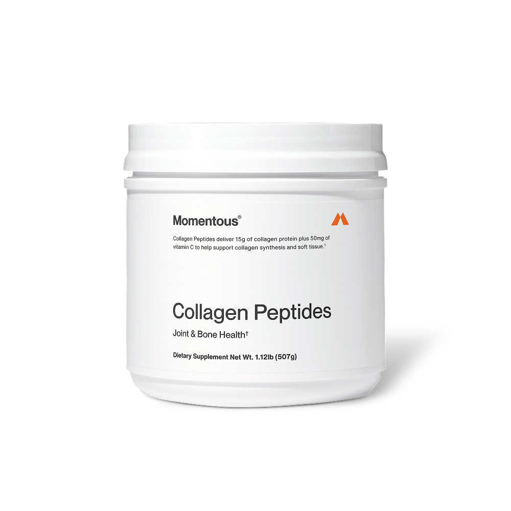 “Momentous Collagen Peptides jar labeled ‘Collagen Peptides Joint & Bone Health’ with text: ‘Collagen Peptides deliver 15g of collagen protein plus 50mg of vitamin C to help support collagen synthesis and soft tissue.’ Dietary supplement net weight 1.12 lb (507 g).”