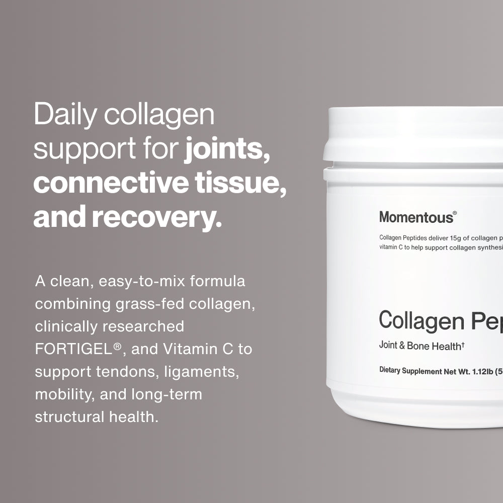 A container of Momentous Collagen Peptides on a light background. Text reads: “Daily collagen support for joints, connective tissue, and recovery.” Additional paragraph reads: “A clean, easy-to-mix formula combining grass-fed collagen, clinically researched FORTIGEL®, and Vitamin C to support tendons, ligaments, mobility, and long-term structural health.”
