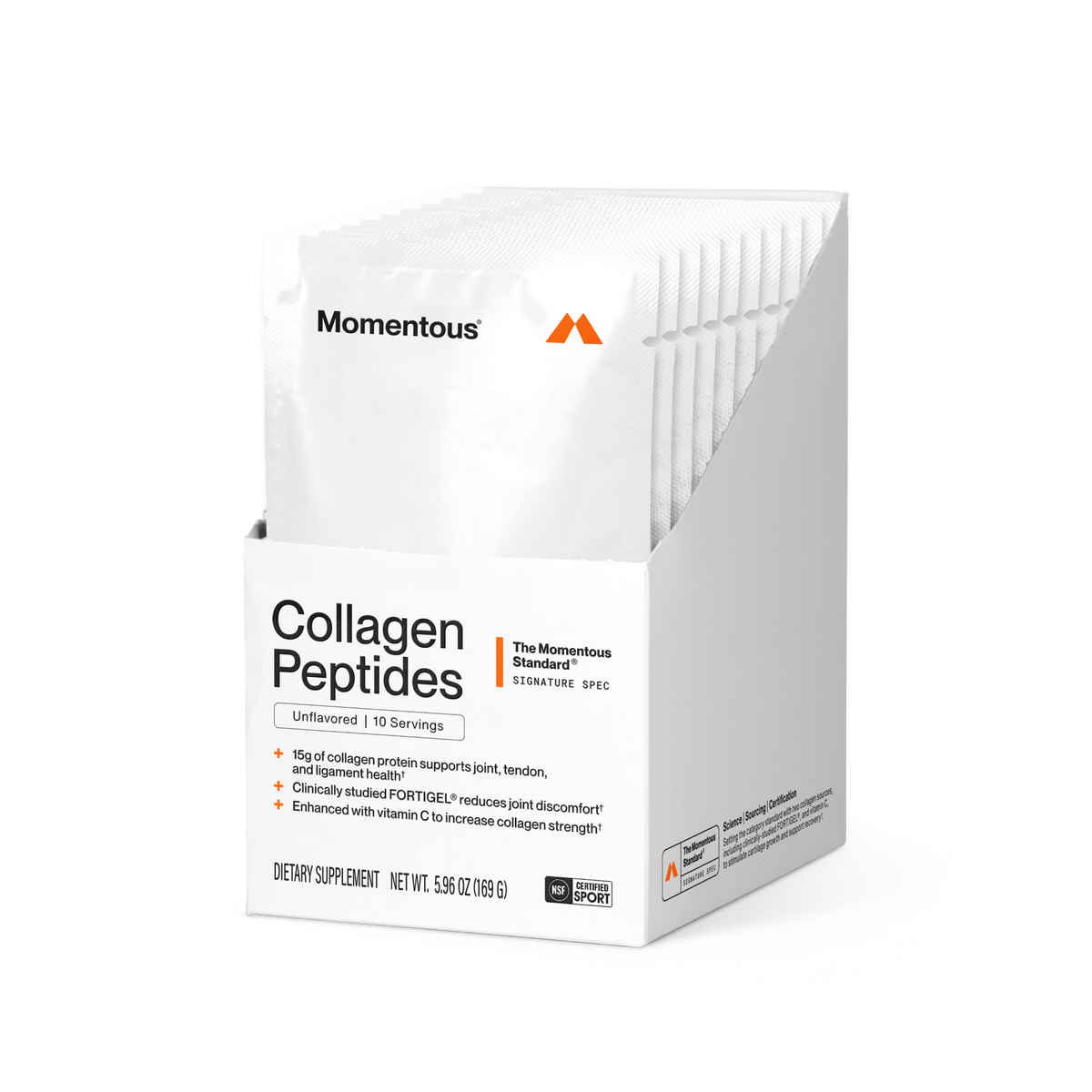Momentous Collagen Peptides box of packets, Unflavored, 10 Servings, The Momentous Standard Signature Spec, 15g of collagen protein supports joint, tendon, and ligament health, clinically studied FORTIGEL reduces joint discomfort, enhanced with vitamin C to increase collagen strength, dietary supplement net wt 5.96 oz 169 g, NSF Certified Sport, side panel: setting the category standard with two collagen sources, FORTIGEL and vitamin C, to stimulate cartilage growth and support recovery. (492 chars)